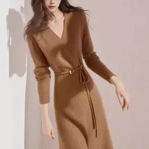 치마 여자 니트 프렌치 긴팔 원피스끈느낌 데일룩 슬림핏 브이넥 럭셔리 DAOL4