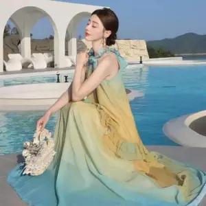 원피스 여사친 롱 예쁜 쉬폰 해변 바캉스 포토 그라데이션 홀터넥 비치 SPO마켓1