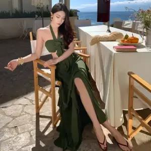 가을 치마 원피스 여성용 롱 비치 찰랑 바캉스 예쁜 끈 홀터넥 프렌치 슬립 쉬폰 SPO마켓3