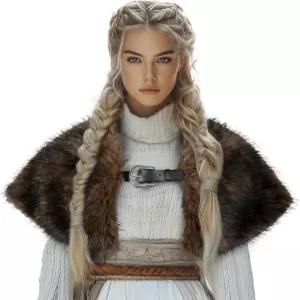 MCJC 중세 망토 바이킹 의상 여성용 인조 모피 숄 할로윈 퍼포먼스 액세서리
