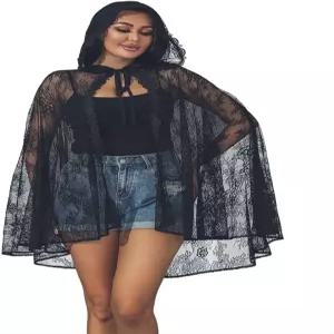 유니크라 블랙 레이스 후드 망토 롱 케이프 할로윈 코스튬 3/4 길이 코스프레 파티 여성용