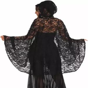 유니크라 블랙 레이스 후드 케이프 할로윈 코스튬 망토 3/4 길이 코스프레 마녀 뱀파이어 여성용