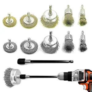 데일리 트레저 10팩 와이어 휠 컵 브러시 세트 1/4인치 헥스 섕크 안전한 브라스 코팅 크림프 드릴 샌딩