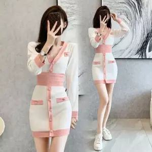 스커트 원피스 니트 여성용 가을 겨울 아이템 트렌디 럭셔리 프리미엄 슬림핏 브이넥 힙업 HT4