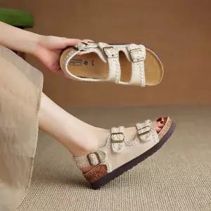 여친 빈티지 오픈토 두루두루 캐쥬얼 로마 통굽 위에 비치 원 스트랩 슈즈 소가죽 샌들 버클 SPO마켓5