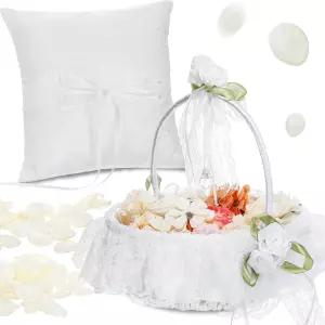 기엘린 2팩 플라워 걸 바구니 및 링 베어러 베개 세트 결혼식 파티 장식용 화이트 새틴 레이스