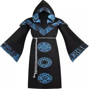 남성 다크 위저드 코스튬 미스틱 마법사 로브 할로윈 중세 데빌 후드 케이프