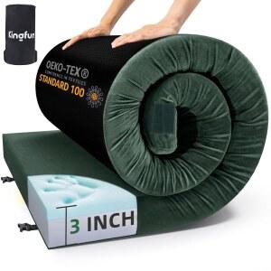 킹펀 3인치 CertiPUR-US 메모리 폼 캠핑 매트리스, 방수 롤업 슬리핑 패드, 이동식 여행 가방이 있는 편안한 두꺼운 바닥 매트