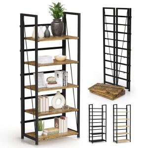 5단 나무 책장 정리함, 침실 거실 사무실용 조립 없음, 소박한 접이식 책장, 키 큰 열린 장식용 선반 디스플레이,