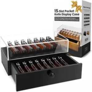 서랍이 있는 나무 나이프 디스플레이 케이스 두꺼운 투명 아크릴 커버가 15슬롯 포켓 컬렉션 박스 단단한