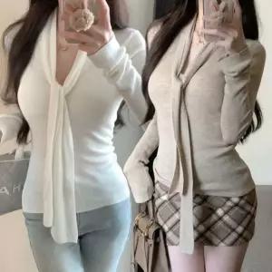 [라일리여성의류] Rly 여성 페미닌 브이넥 긴팔 티셔츠 스카프 타이 니