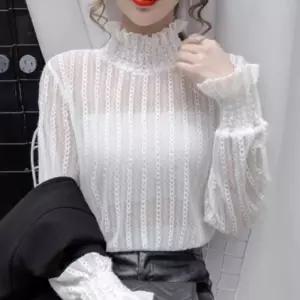 [라일리여성의류] Rly 여성 시스루 레이스 블라우스 반목 레이어드 프릴