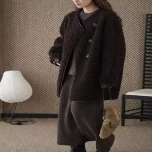 여사친 울 사선단추 세무 데일룩 모피 뽀글이 감각의 코트 DAOL4