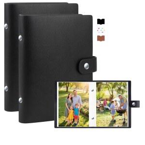 2팩 작은 사진 앨범 5x7 52장의 가죽 커버 미니 그림책 애시드 프리 이너 페이지 결혼식 가족 소년 소녀 미술 작품을 위한 휴대용 책 (블랙)