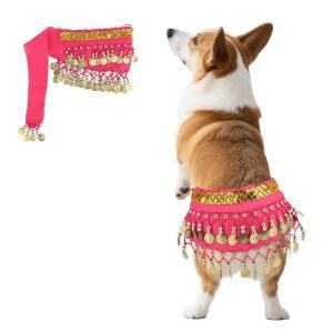 코기스 개 허리 랩을 위한 도그 벨리 댄서 스커트, 블링 댄스 힙 스카프, 스팽글 조절 가능한 강아지 반려동물 드레스 의상, 할로윈 파티 축하 공연 (핑크)