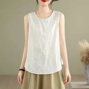 여자블라우스 민소매 면 자수 컴포트 나시 베이지 셔츠 톱 원템1