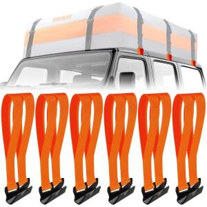 eAj 6개의 루프탑 카고 타이 다운 후크 스트랩 - 모든 차량 루프백, 루프랙 카고 캐리어 또는 차량 탑 캐리어를 안전하게 고정하고 내구성이 뛰어나며 견고하며 루프랙이 필요 없으며 대부분의 차량과 호환됨 - 등록