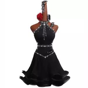 라틴 댄스복 블랙 여성 라인 대회복 여름 밸리 방송 모던 치마 춤 공연복 댄