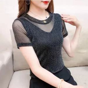 라인댄스복 반짝이 여성 라틴 슬림핏 반팔 상의