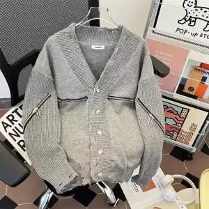 미비다 남성 니트 브이넥 스웨터 메탈 풀집업 카디건 ADOR1