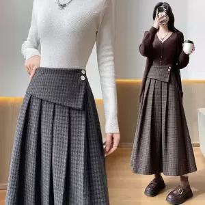 치마 여성용 모직 하이웨스트 플리츠 정장 체크 A라인 가을겨울 트렌디 우산 도톰 아이템 중기장 HT4