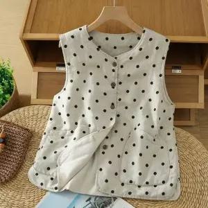 볼사스 남색 여자 빈티지 다운 도트 린넨 조끼 따뜻한 ADOR1