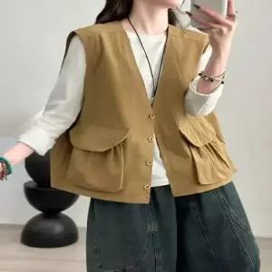 볼사스 여친 캐주얼 싱글 솔리드 카고풍 나시 포켓 브이넥 조끼 민소매 더블 ADOR1