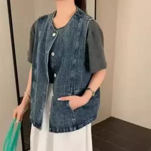 볼사스 청 여사친 빈티지 캐주얼 라운드 조끼 탑 싱글 ADOR1