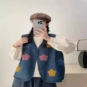 볼사스 데님 여성용 캐주얼 빈티지 자수 탑 조끼 싱글 브이넥 민소매 타월 ADOR1