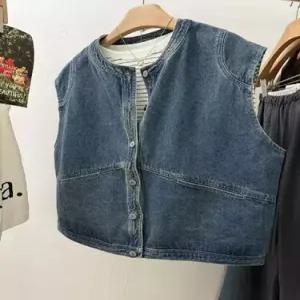 볼사스 여성 청 캐주얼 빈티지 조끼 라운드 싱글 블레이저 ADOR1