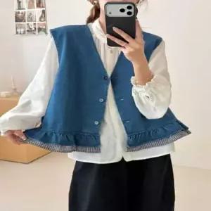 볼사스 청 여친 캐주얼 탑 체크 브이넥 민소매 조끼 ADOR1