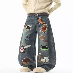 데일리 배기핏 캐릭터 타월 자수 와이드 통 팬츠 남사친 청 겨울 다올4