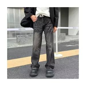 M2 여성청바지 빈티지 번개 크랙 진 블랙 워싱 통바지 커플 JEN1