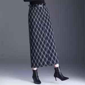 스커트 롱 모직 가을 겨울 여성패션 정장 체크 힙업 원턱 일자 슬림핏 DL4