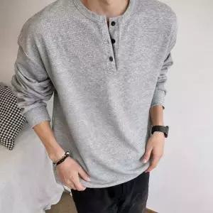 [모로엠] 남성 루즈핏 헨리넥 와플 긴팔 티셔츠 ON-TSA-QWFN0XNM