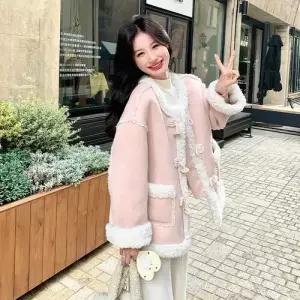 여사친 핑크 퍼 자켓 일체형 가죽 라이크 코트 1PICK1