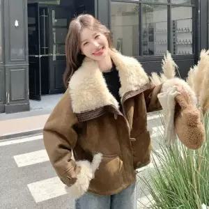 여자 빈티지 겨울 트렌디 아이템 코트 모피 스웨이드 숄 칼라 램스울 따뜻하고털 일체형 HT4