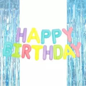 은박 풍선 생일 마카롱 + 커튼 라이트블루 세트 파티