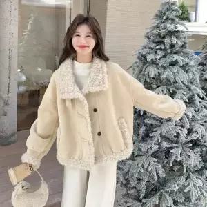 여친 베이지 겨울 트렌디 아이템 코트 모피 감각 램스울 쇼트 퍼 일체형 HT4