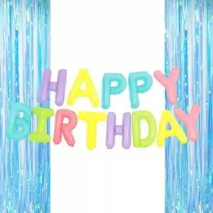 은박 풍선 생일 마카롱 + 커튼 오로라블루 세트 파티