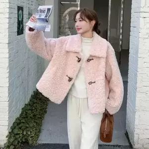 여성용 분홍 울 트렌디 아이템 코트 모피 겨 가죽 퍼 일체형 스웨이드 상의 HT4