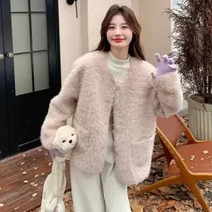 여성용 분홍 면 동계 트렌디 아이템 코트 모피 램스울 부드러운 퍼 HT4