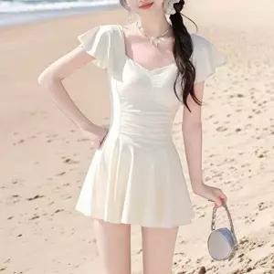 [옷자락]여자 하트넥 셔링 프릴 스커트 팔뚝 허벅지 커버 원피스 수영복