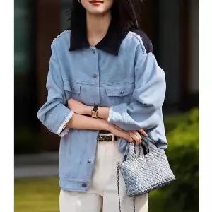 데님 여성용 봄 빈티지 자켓 클래식 컬러 터틀넥 긴팔 코트 이른 카고풍 상의 원픽1