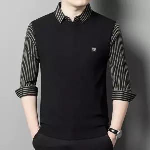 캐주얼 남친 니트 체크 라펠 봄가을 스트라이프 셔츠 스웨터 페이크투피스 긴팔 원픽3