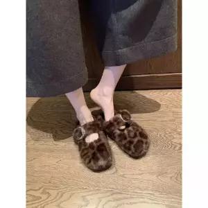 알마센 여성용 스트랩 털 뽀글이 통굽 슈즈 호피 슬리퍼 ADOR5