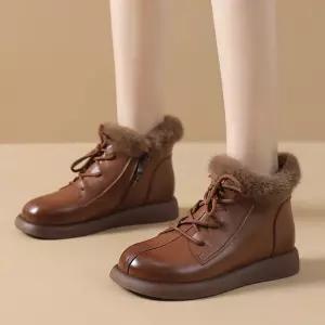 여사친 빈티지 가보시 플랫워커 추동 워커 컴포트화 트리밍 통굽 소가죽 퍼 신발 라운드 두층 러블리 앵클