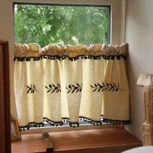 북유럽풍 올리브잎 자수 창문 캠핑카 커튼 주방 반쪽 겸용 인테리어 가리개