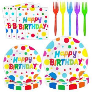 LiyingMonkey 100개 생일 축하 도트 접시 냅킨 포크, 일회용 식기 세트 파티 용품