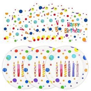 HFBOBP 50PCS 생일 축하 접시와 냅킨, 7인치 컬러풀 도트 케이크 디저트 접시 파티 용품 장식용 일회용 종이 식기 세트(생일 양초, 7인치)